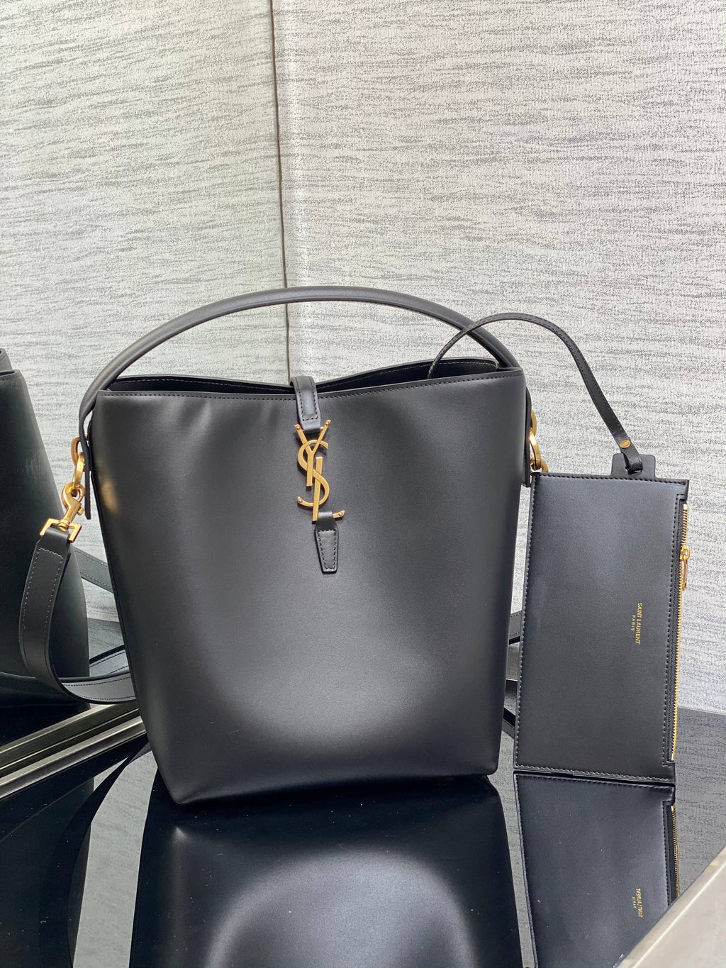YSL Le 37 Black Shiny Leather Handle Shoulder Bag with YSL Charm and Adjustable Strap (20 x 25 x 16) cm