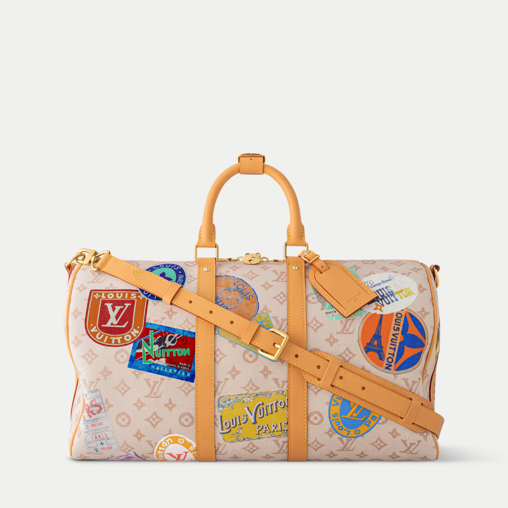 LV Keepall Bandoulière 45 Monogram Dune Canvas Travel Handle Shoulder Bag with Leather Trim and Travel Patches (45 x 27 x 20) cm