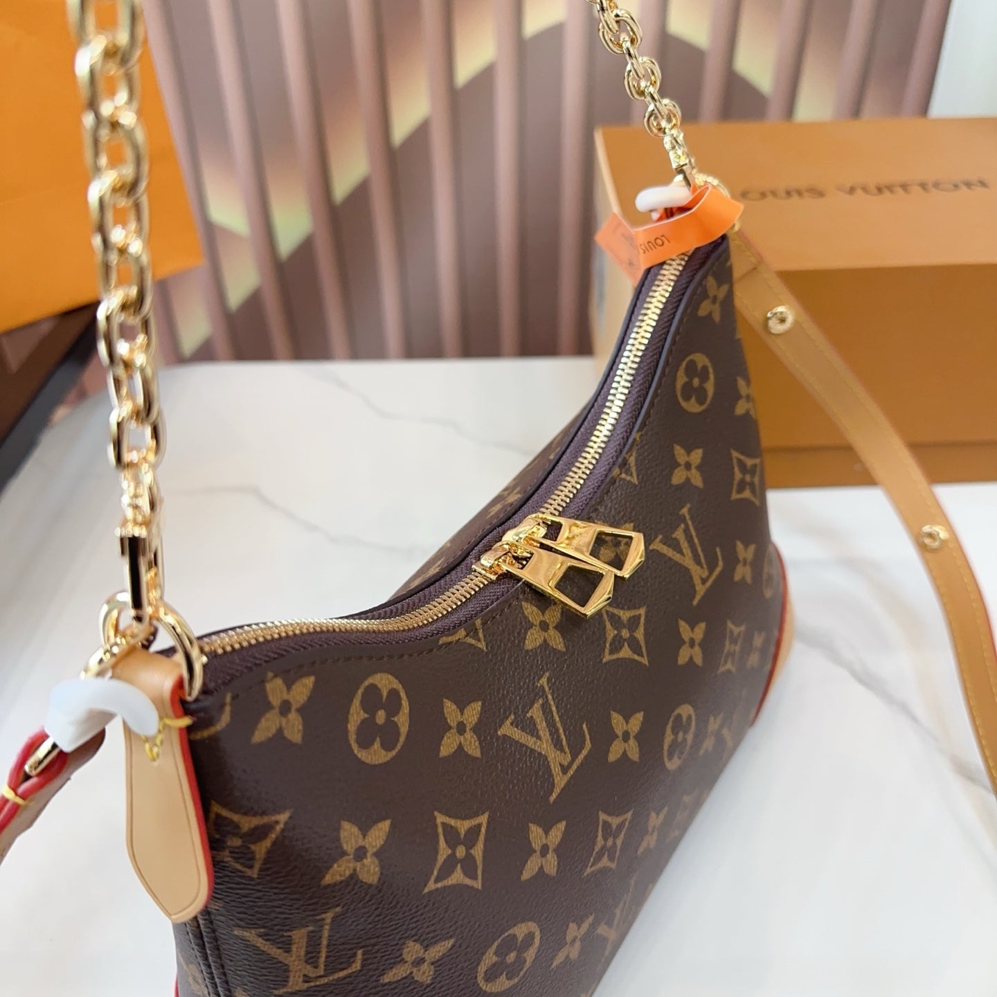 LV Boulogne Monogram Canvas Shoulder Crossbody Bag with Chain Strap and Leather Corners (27 x 9 x 16) cm