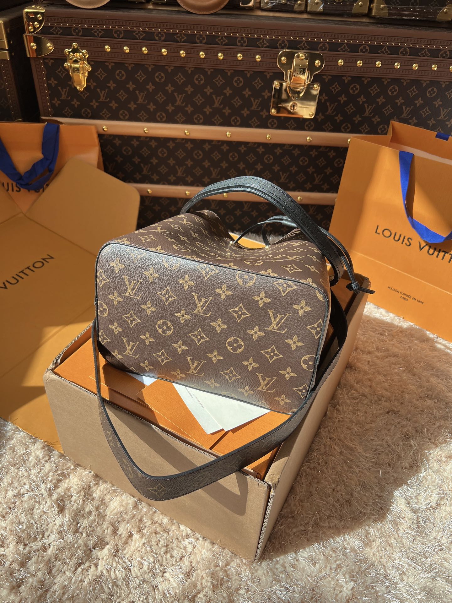 LV NeoNoé Monogram Canvas Bucket Shoulder Bag with Leather Trim and Adjustable Strap 26 cm