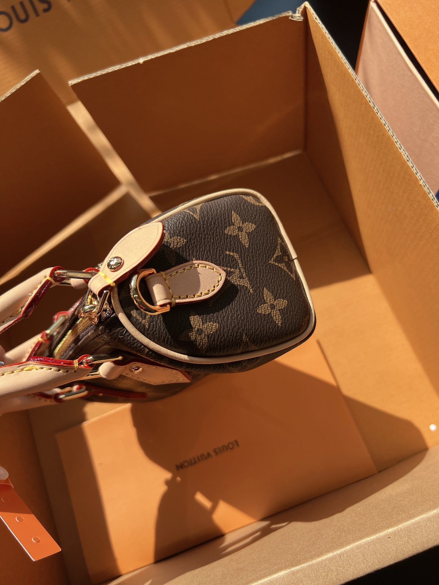 LV Speedy Nano Monogram Canvas Handle Crossbody Bag with Leather Trim and Adjustable Strap 16 cm