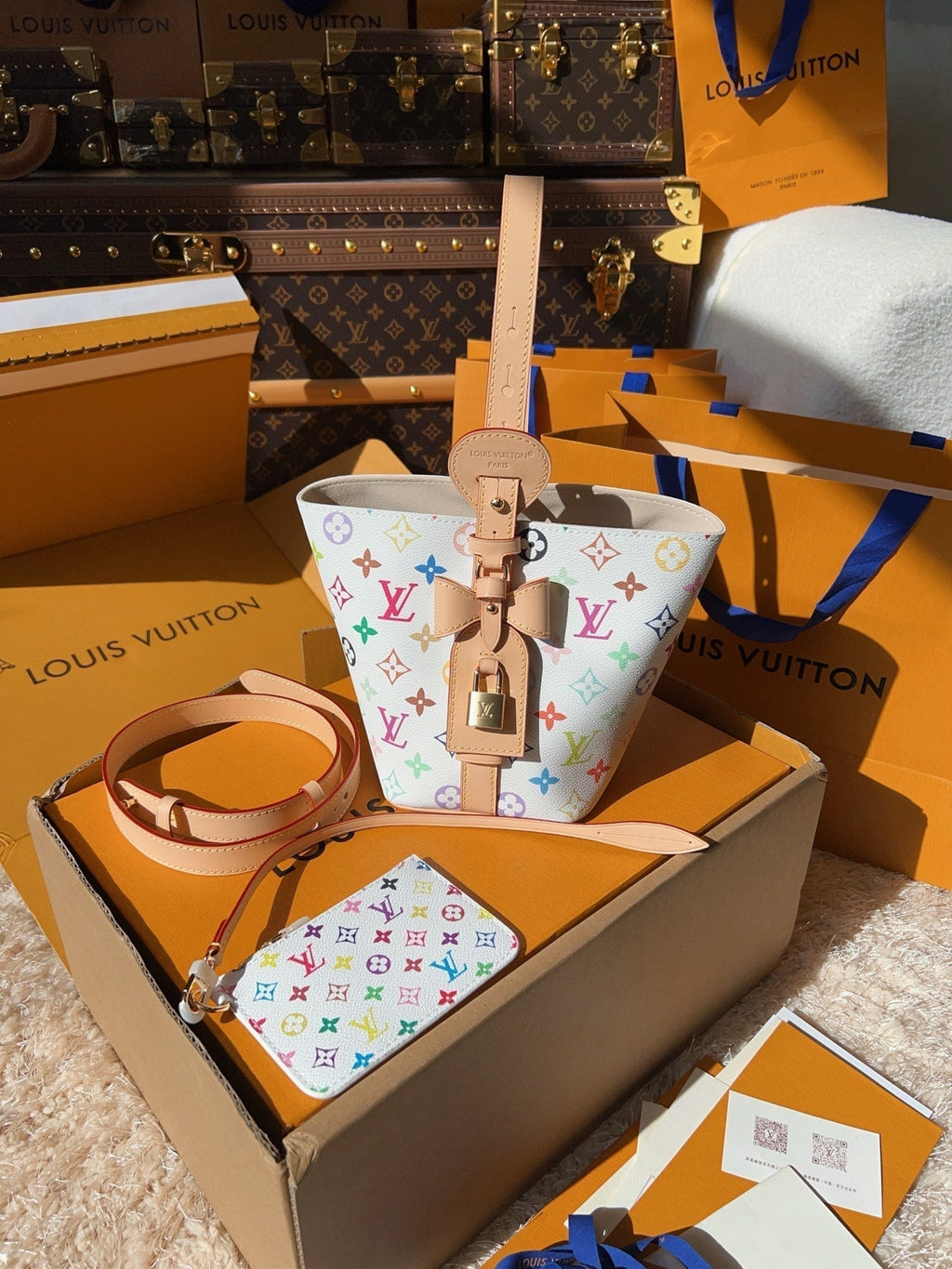LV Neverfull MM Multicolor Monogram Canvas Tote Handle Bag with Leather Trim and Pouch (16 x 18 x 12) cm