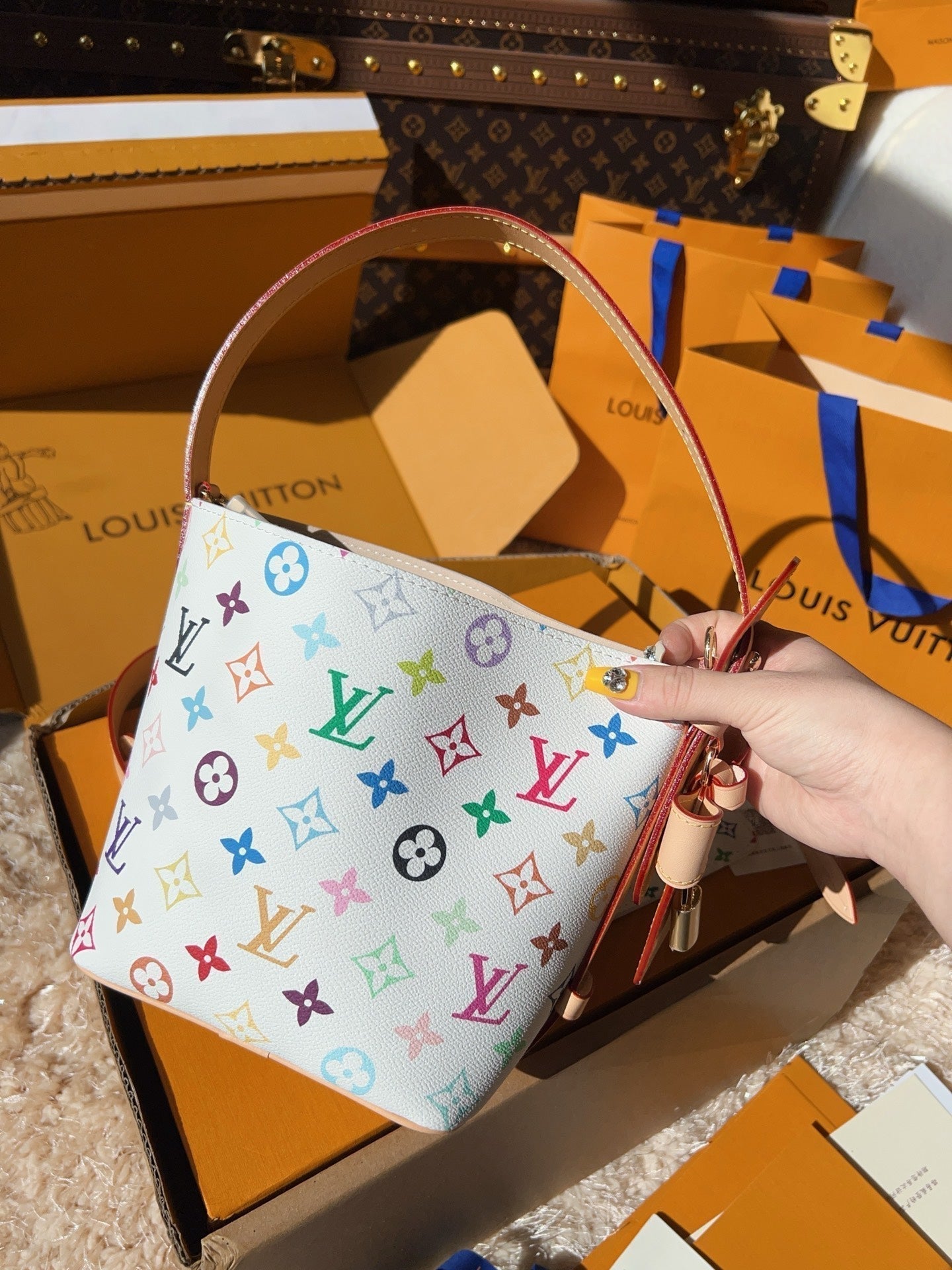 LV Neverfull MM Multicolor Monogram Canvas Tote Handle Bag with Leather Trim and Pouch (16 x 18 x 12) cm