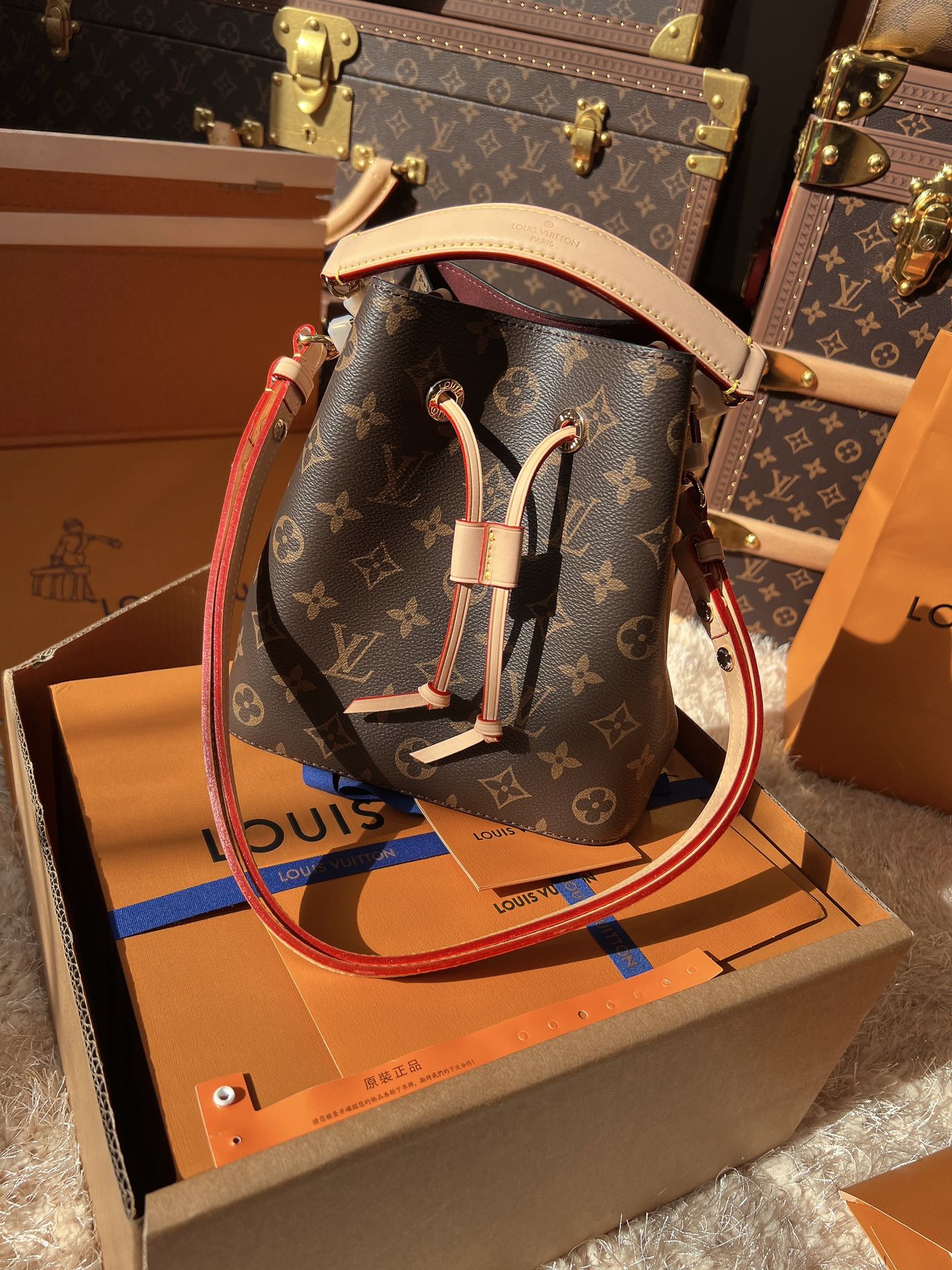 LV NeoNoé Monogram Canvas Bucket Bag with Leather Trim and Shoulder Strap (20 x 21 x 13) cm