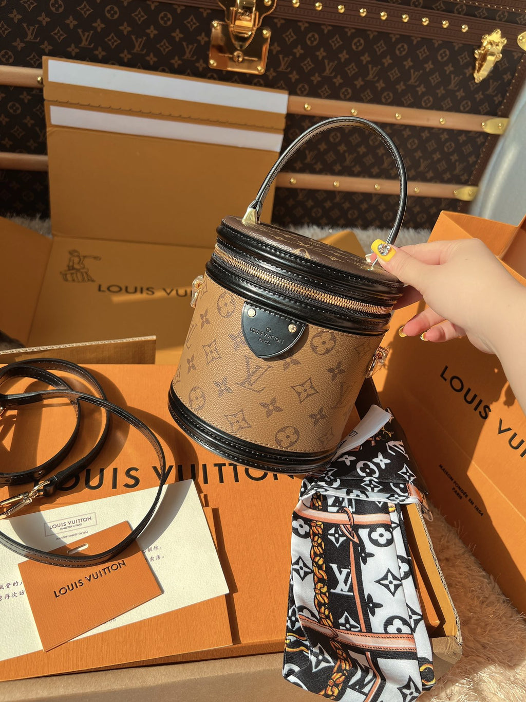 LV Cannes Monogram Reverse Canvas Round Top Handle Bag with Leather Trim and Shoulder Strap (17 x 15 x 17) cm