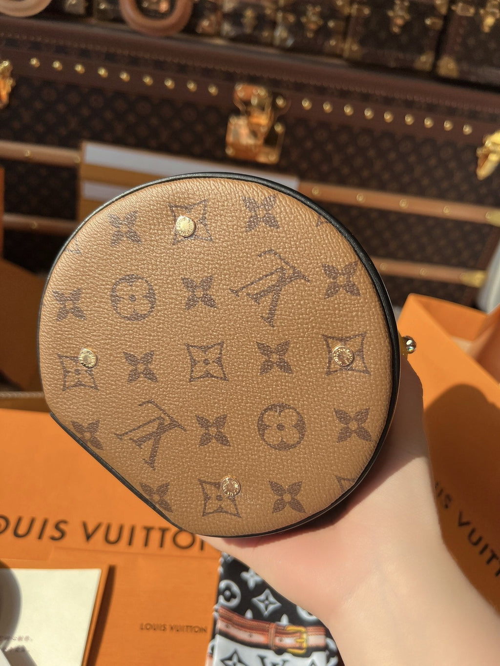 LV Cannes Monogram Reverse Canvas Round Top Handle Bag with Leather Trim and Shoulder Strap (17 x 15 x 17) cm