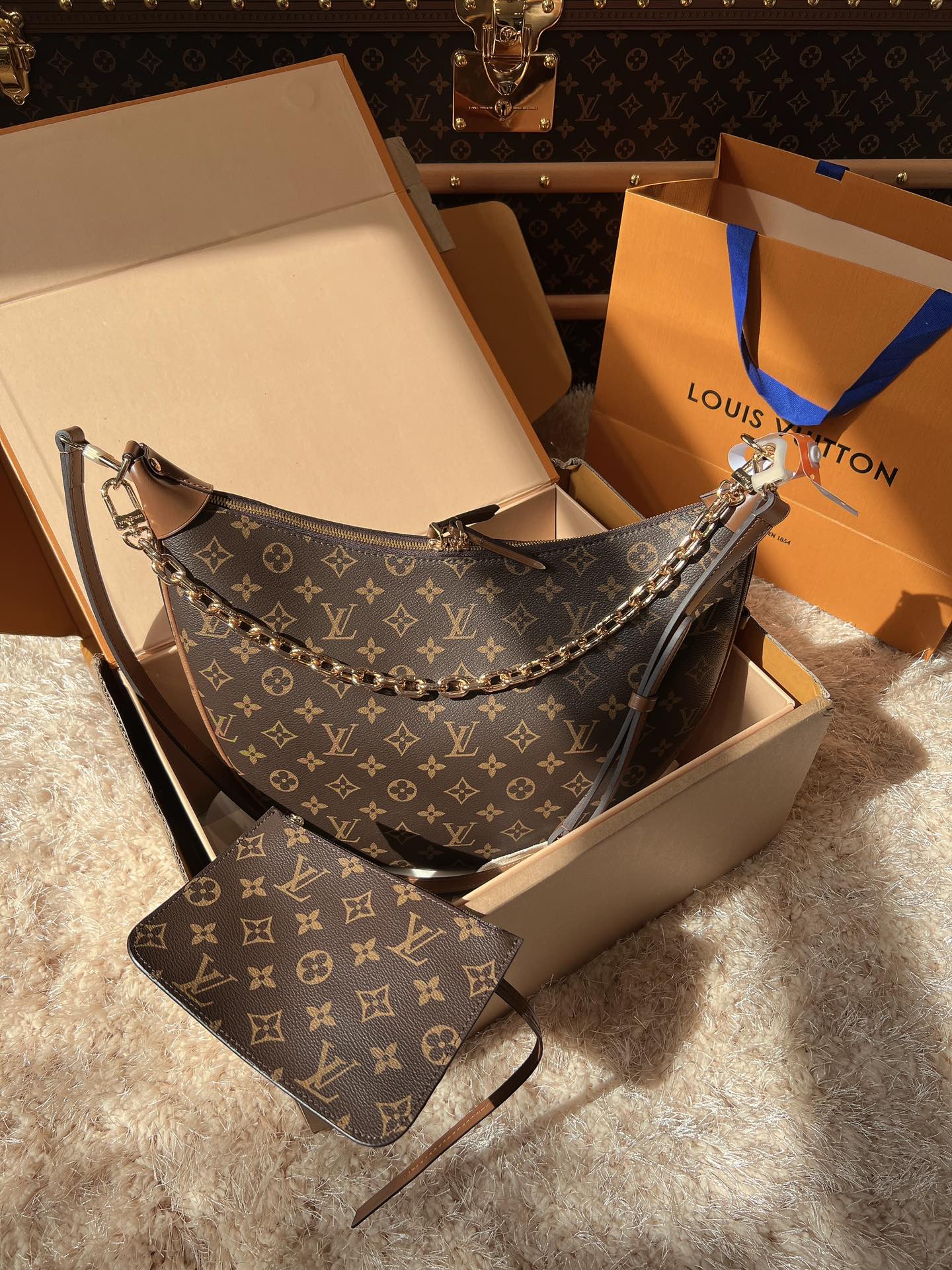 LV Loop Monogram Canvas Hobo Shoulder Crossbody Bag with Chain Detail (38 x 26 x 10) cm