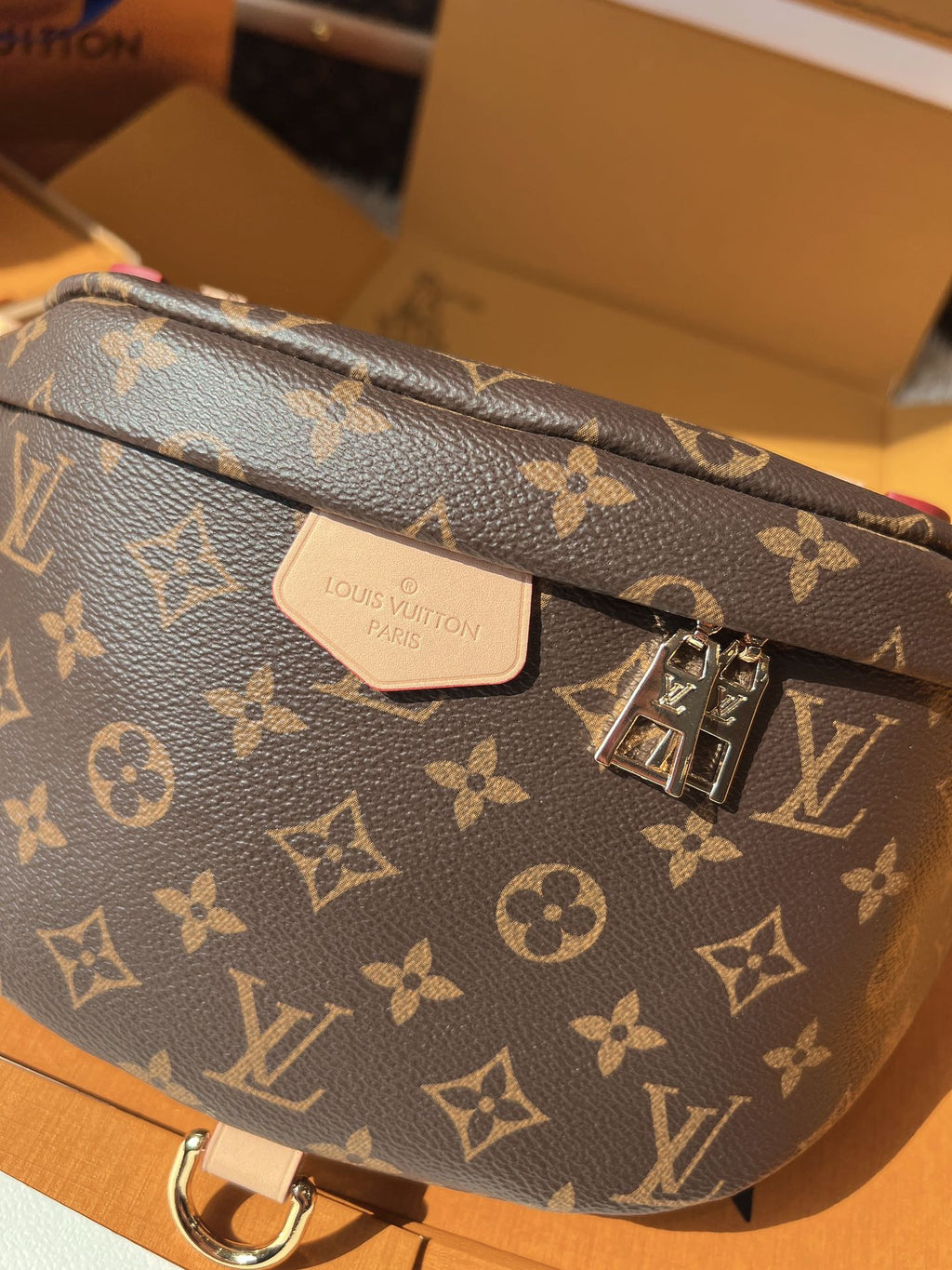 LV Bumbag Monogram Canvas Crossbody Belt Bag with Leather Trim and Adjustable Strap (37 x 14 x 13) cm