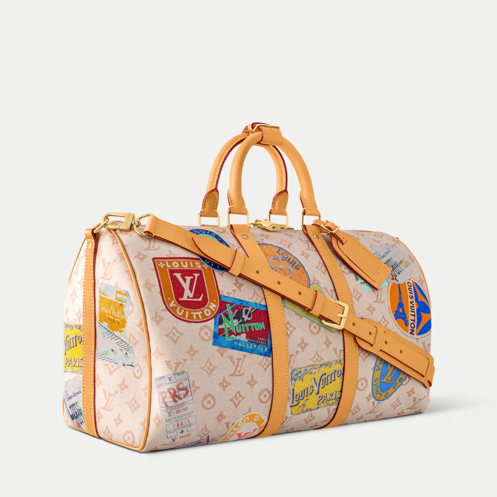 LV Keepall Bandoulière 45 Monogram Dune Canvas Travel Handle Shoulder Bag with Leather Trim and Travel Patches (45 x 27 x 20) cm