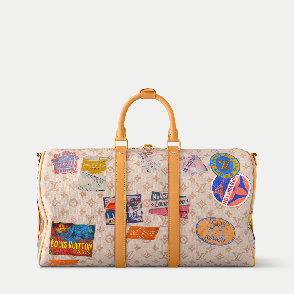 LV Keepall Bandoulière 45 Monogram Dune Canvas Travel Handle Shoulder Bag with Leather Trim and Travel Patches (45 x 27 x 20) cm