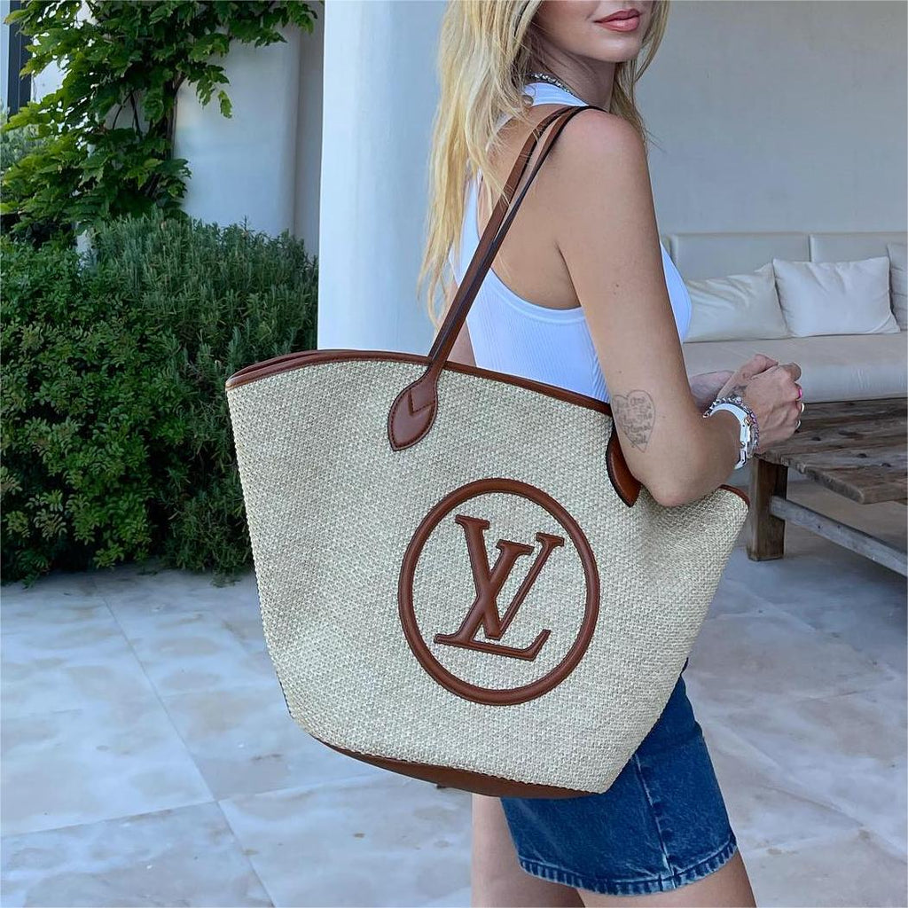 LV OnTheGo MM Monogram Canvas Straw Tote Shoulder Bag with Leather Trim 50 cm
