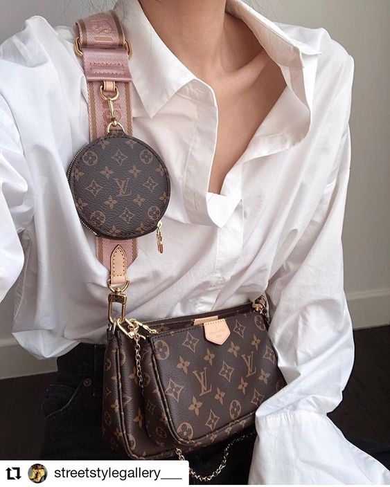 LV Multi Pochette Accessoires Monogram Canvas Crossbody Shoulder Bag with Pink Strap and Two Pouches