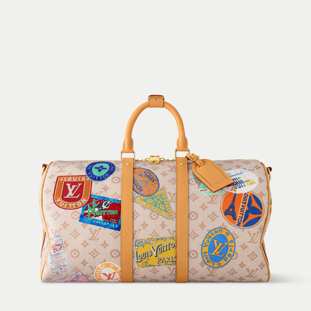 LV Keepall Bandoulière 45 Monogram Dune Canvas Travel Handle Shoulder Bag with Leather Trim and Travel Patches (45 x 27 x 20) cm