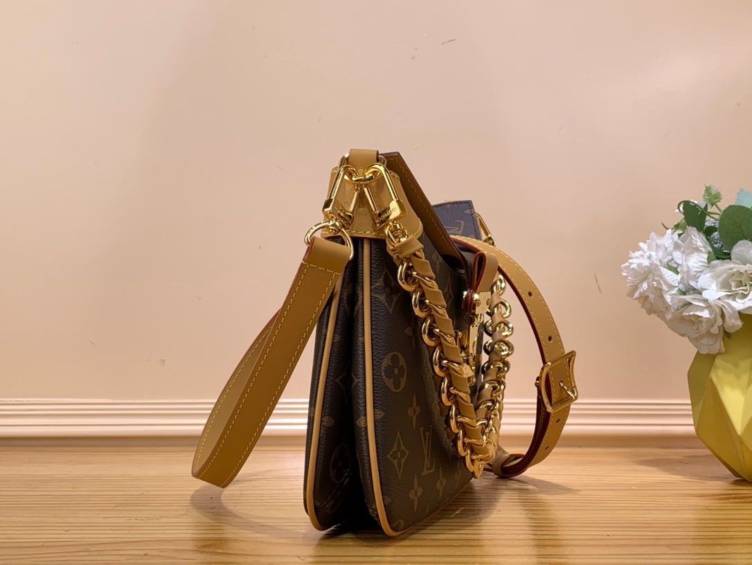 LV Twinny Monogram Canvas Shoulder Crossbody Bag with Chain Strap and Leather Trim (29 x 19 x 9) cm