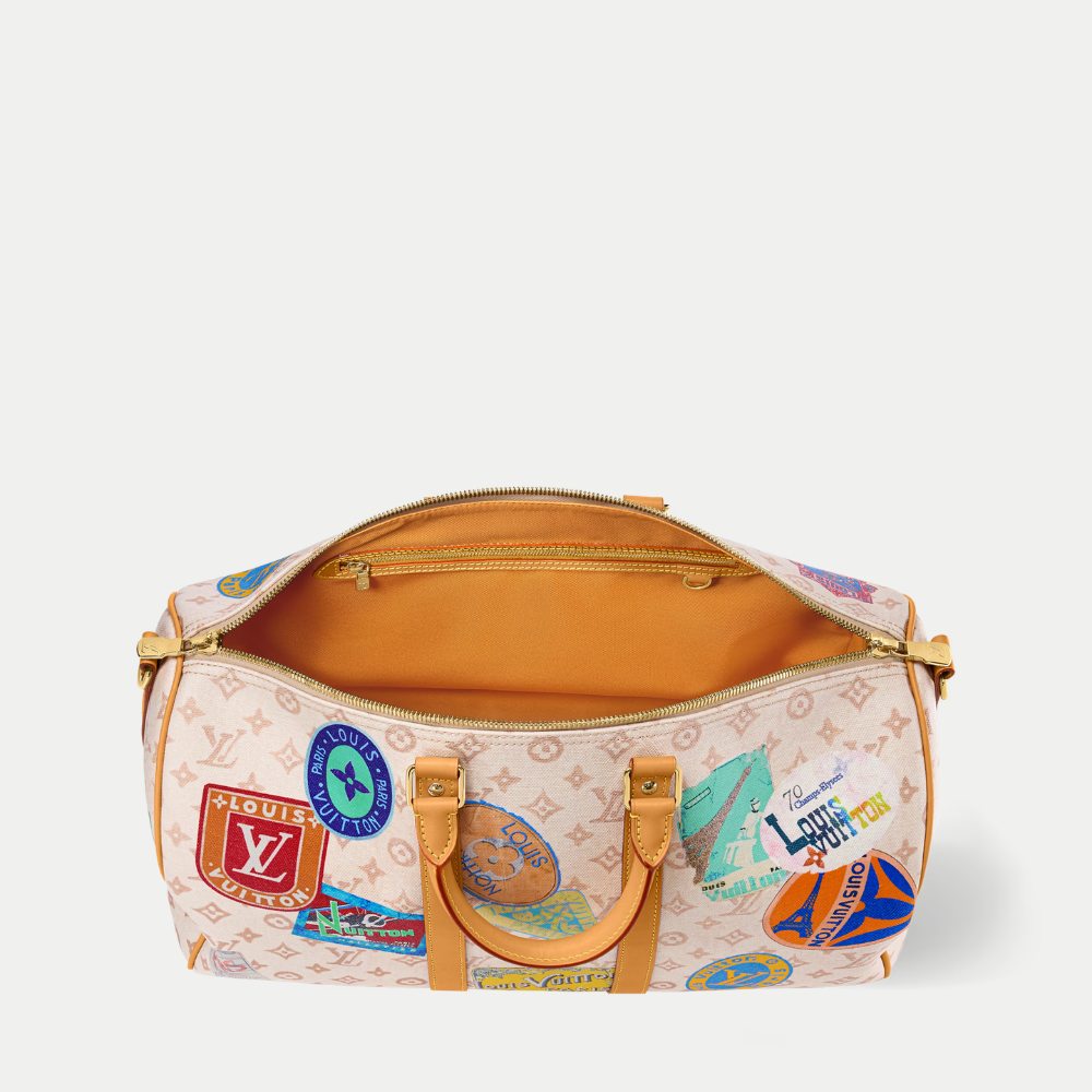 LV Keepall Bandoulière 45 Monogram Dune Canvas Travel Handle Shoulder Bag with Leather Trim and Travel Patches (45 x 27 x 20) cm