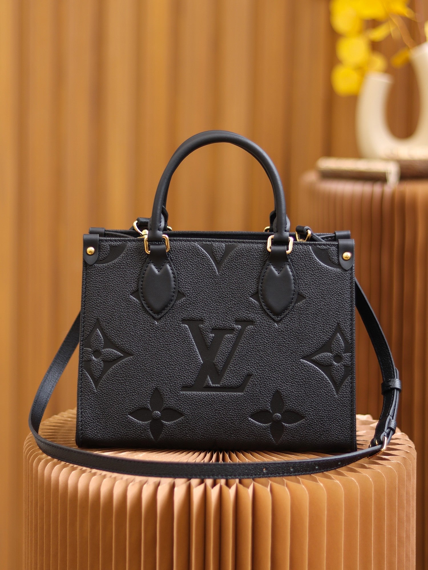 LV OnTheGo PM Monogram Empreinte Leather Tote Handle Bag with Black Leather Trim