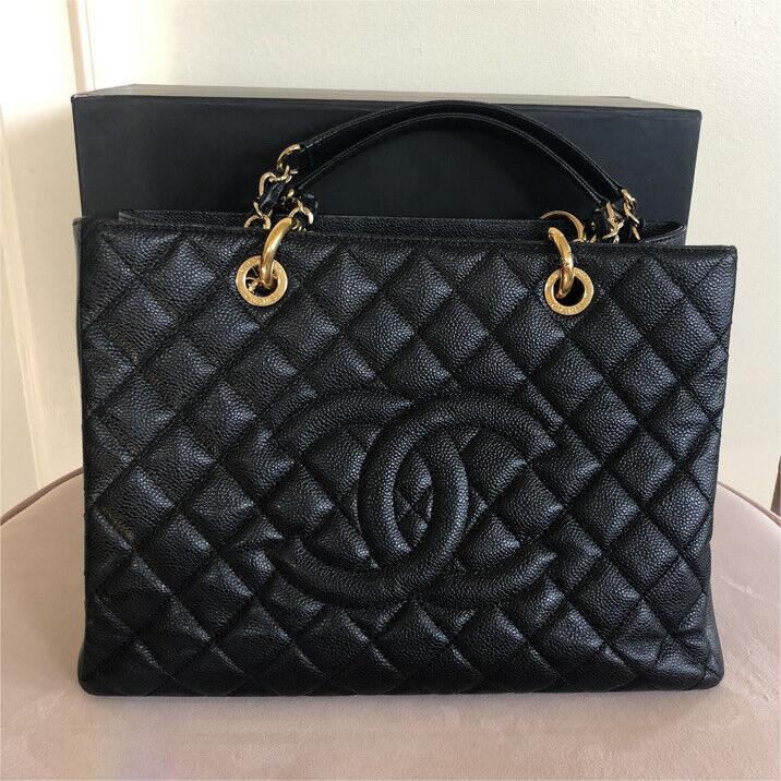 Chanel CC BlackGold Caviar Quilted Grand Shopping Tote