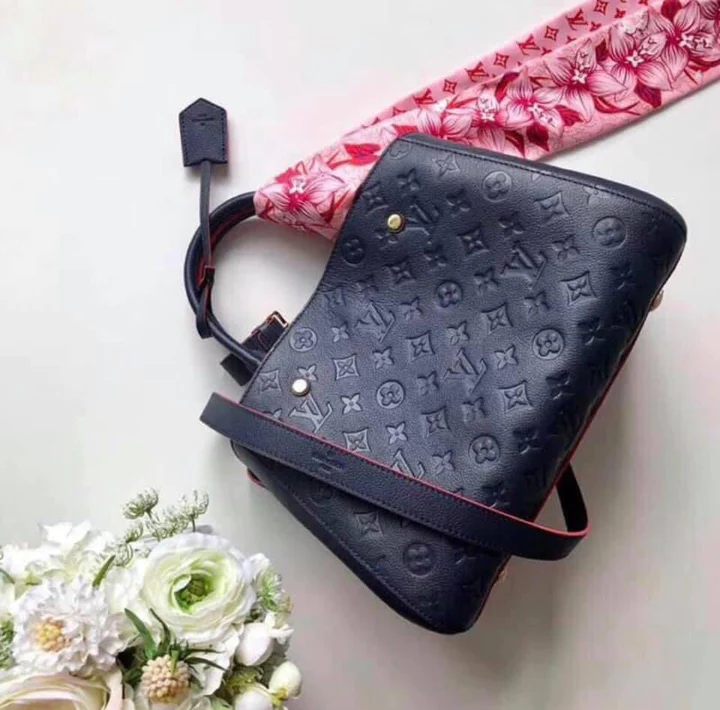 LV Montaigne MM Monogram Empreinte Leather Handle Shoulder Bag with Navy Blue Leather Trim and Shoulder Strap