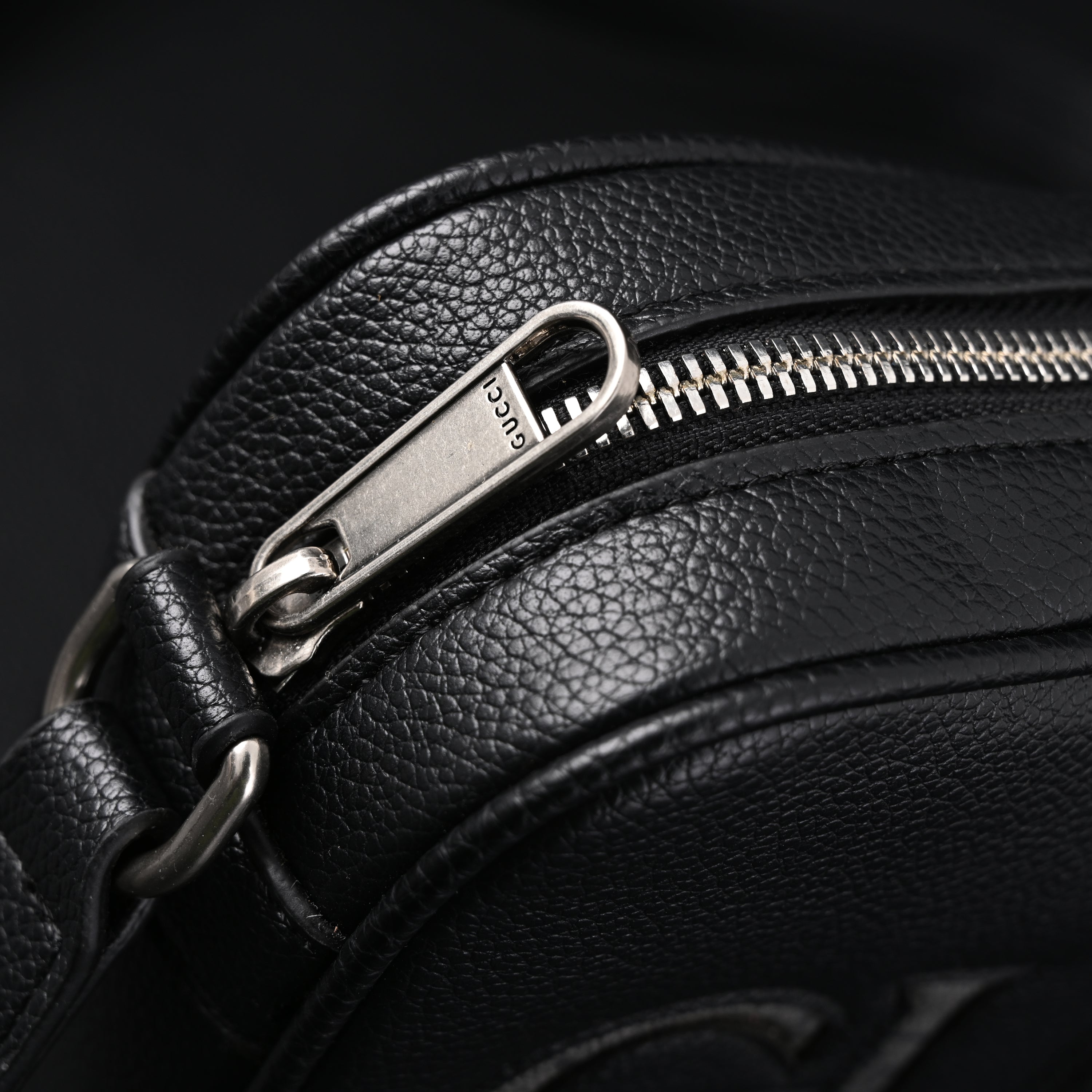 Gucci Black Leather Embossed Logo Belt Bag