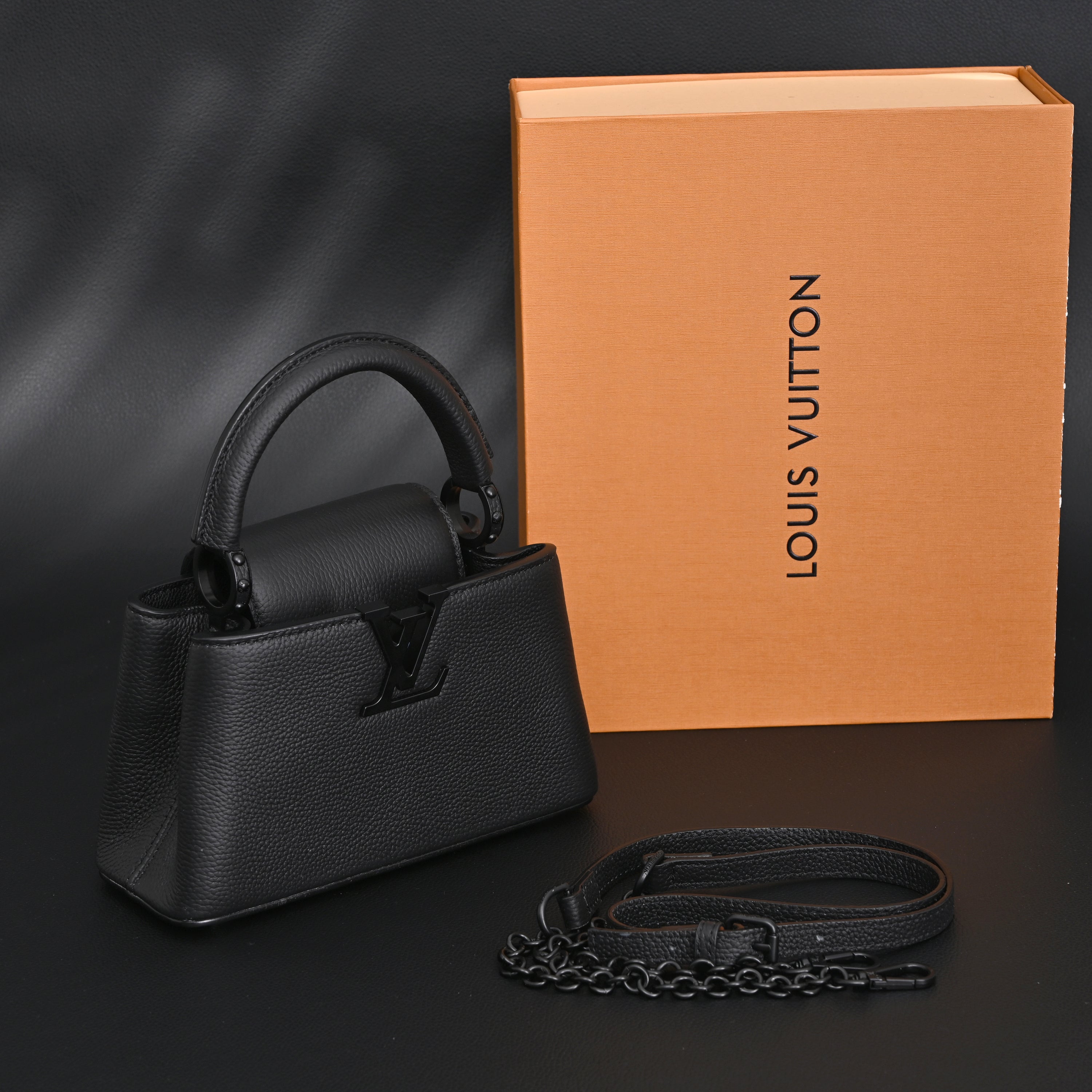 Louis Vuitton Black Grain Leather Mini Top Handle Bag With Chain Strap