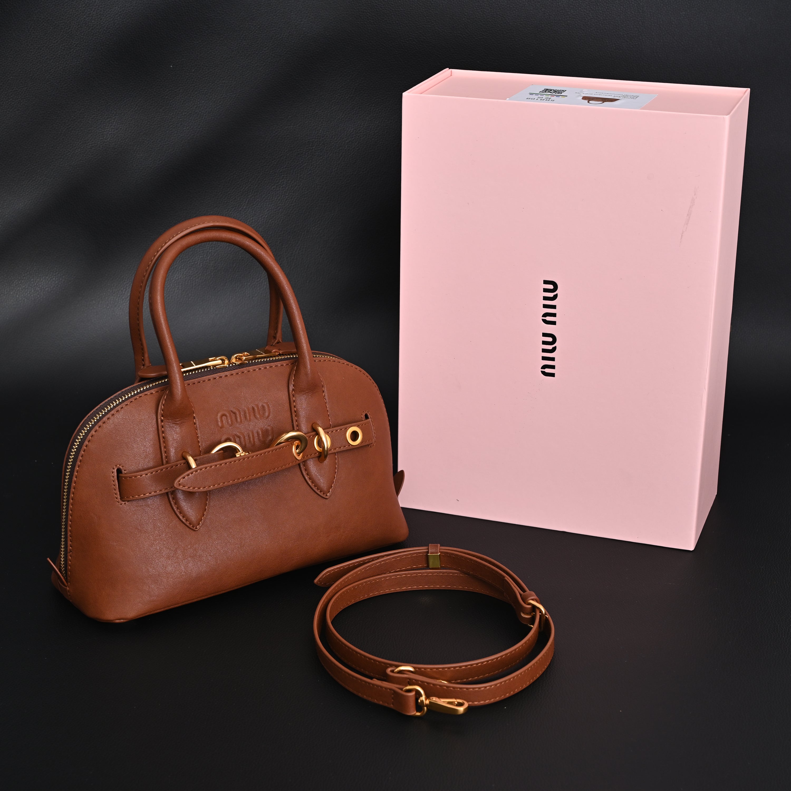 Miu Miu Leather Bowler Top Handle Bag Cognac