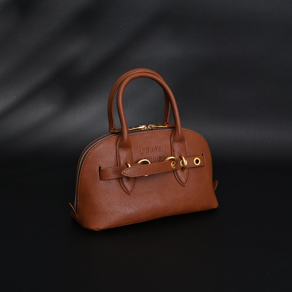 Miu Miu Leather Bowler Top Handle Bag Cognac