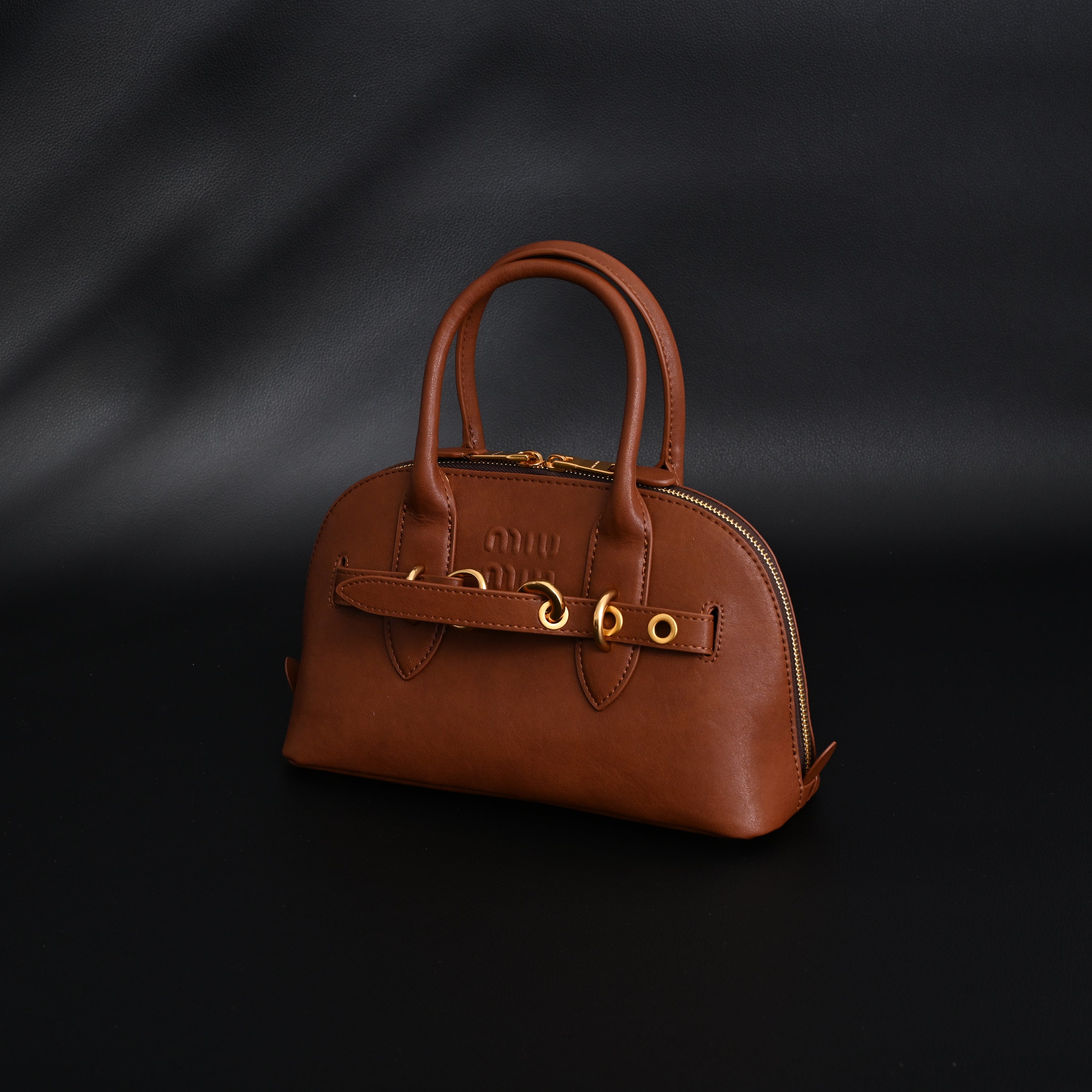 Miu Miu Leather Bowler Top Handle Bag Cognac