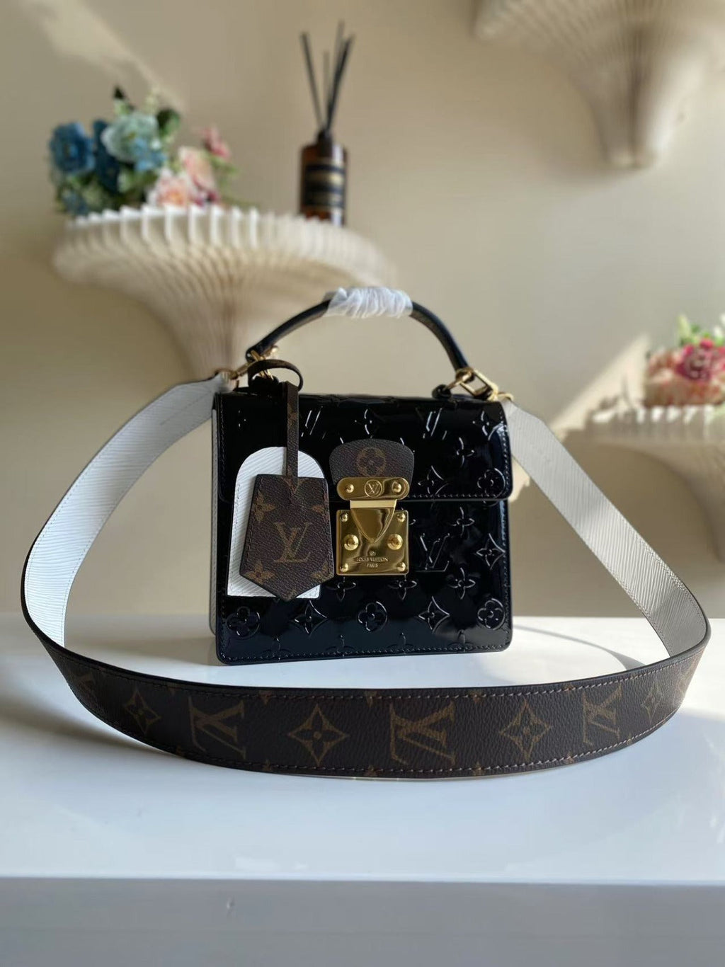 LV Spring Street NM Monogram Vernis Leather Handle Crossbody Bag with Top Handle and Removable Strap