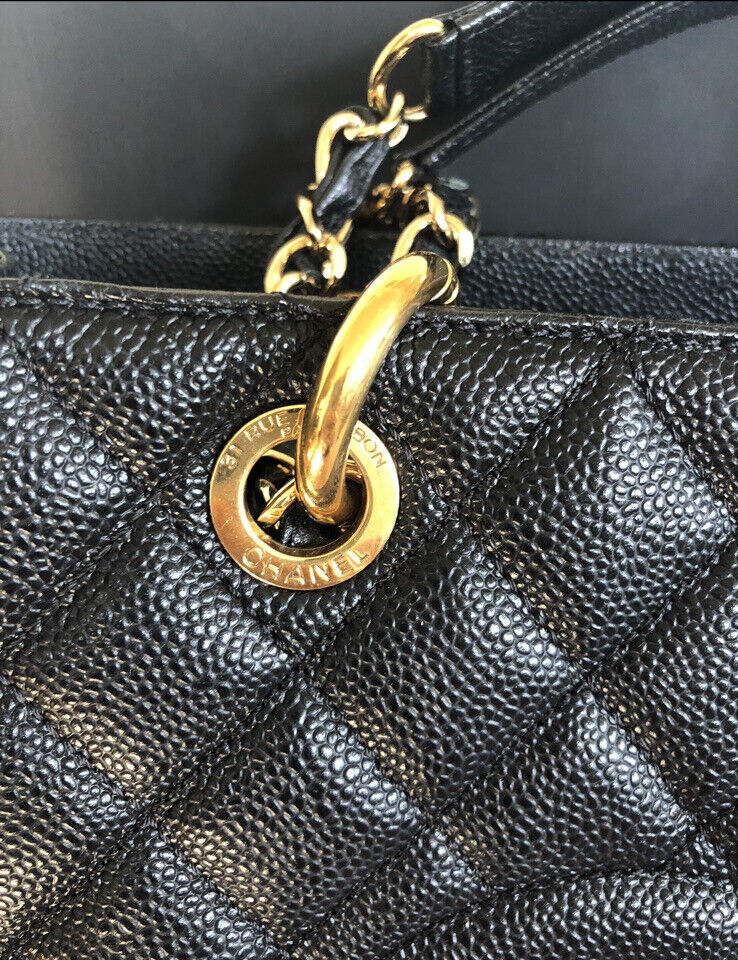 Chanel CC BlackGold Caviar Quilted Grand Shopping Tote