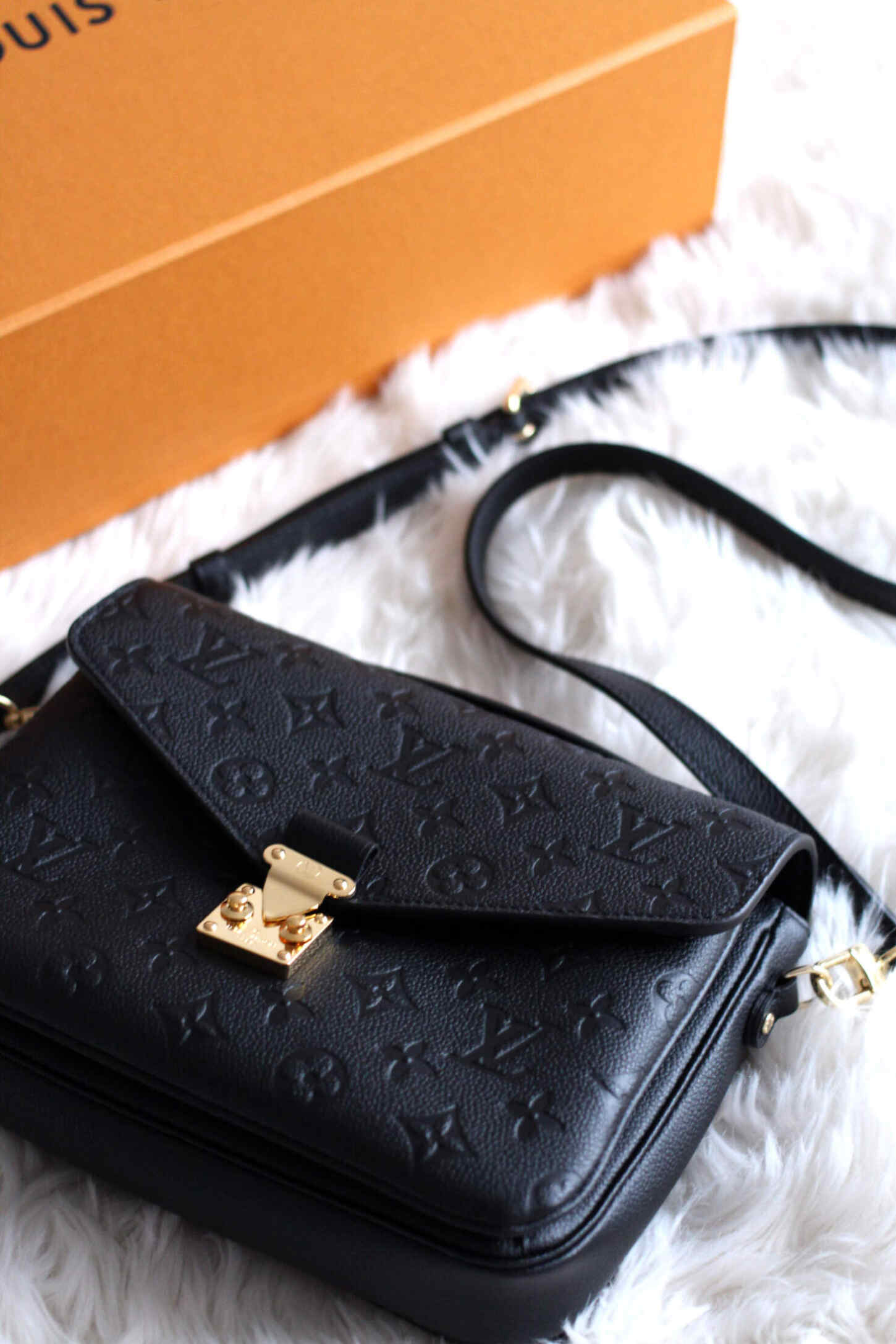 LV Pochette Métis Monogram Empreinte Leather Handle Crossbody Bag with Navy Blue Leather Trim