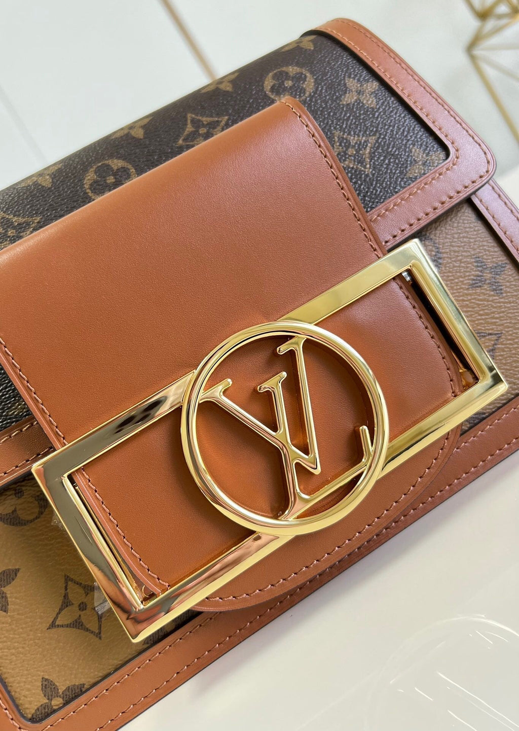 LV Dauphine MM Monogram Reverse Canvas Shoulder Crossbody Bag with Chain Strap and Leather Trim 25 cm