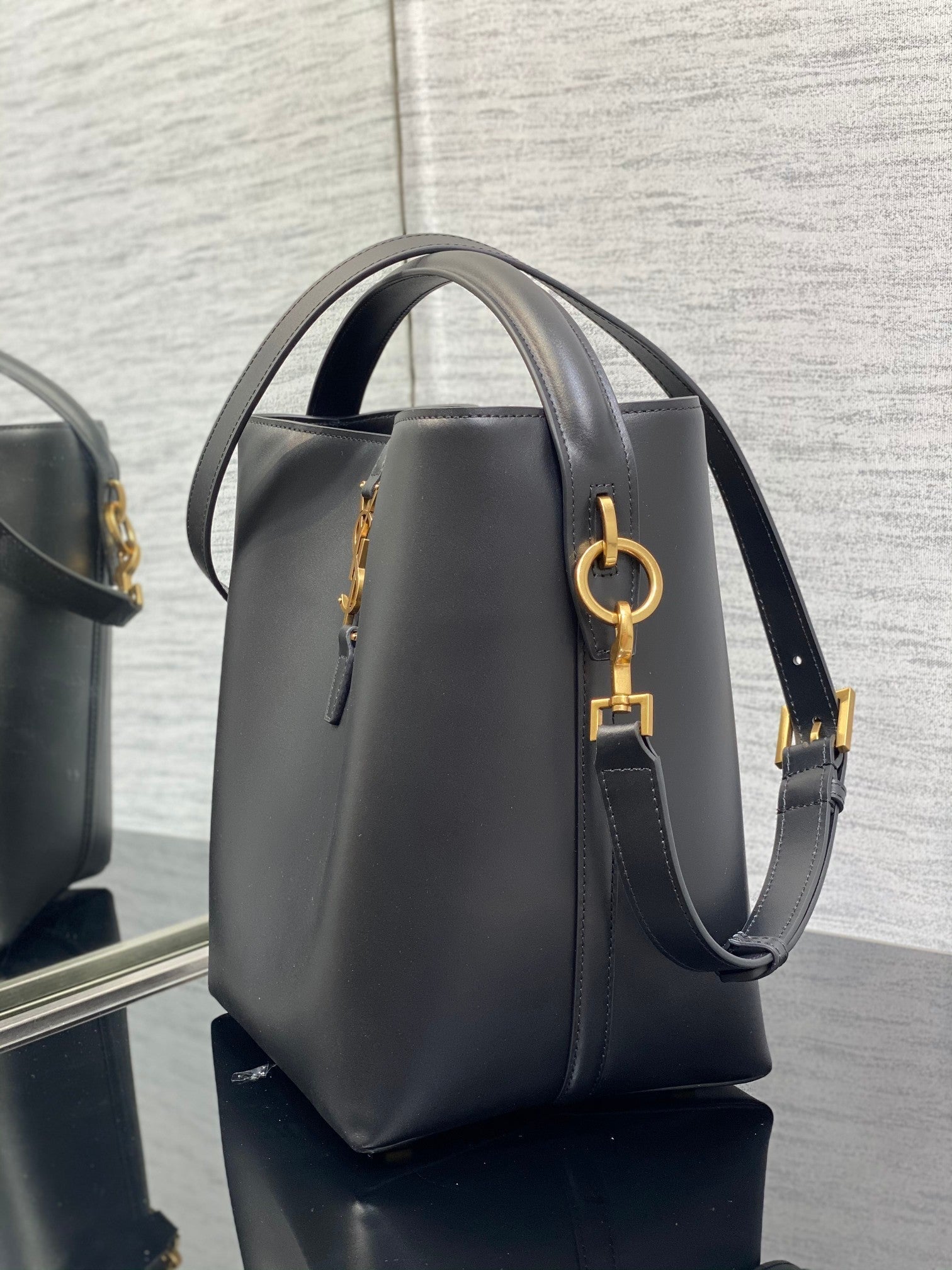 YSL Le 37 Black Shiny Leather Handle Shoulder Bag with YSL Charm and Adjustable Strap (20 x 25 x 16) cm