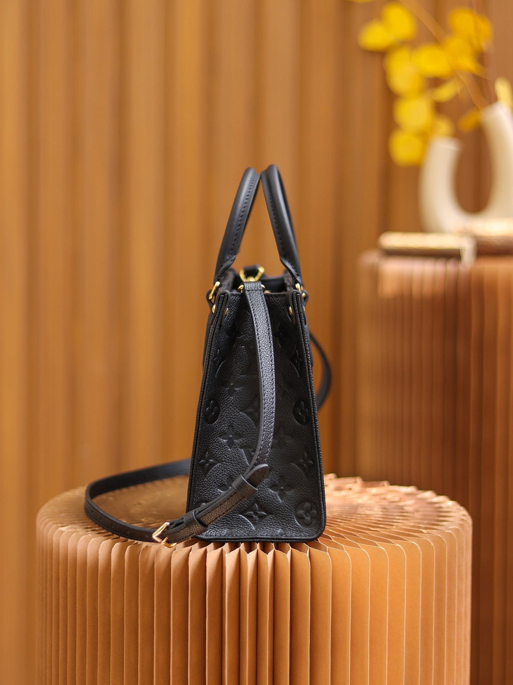 LV OnTheGo PM Monogram Empreinte Leather Tote Handle Bag with Black Leather Trim