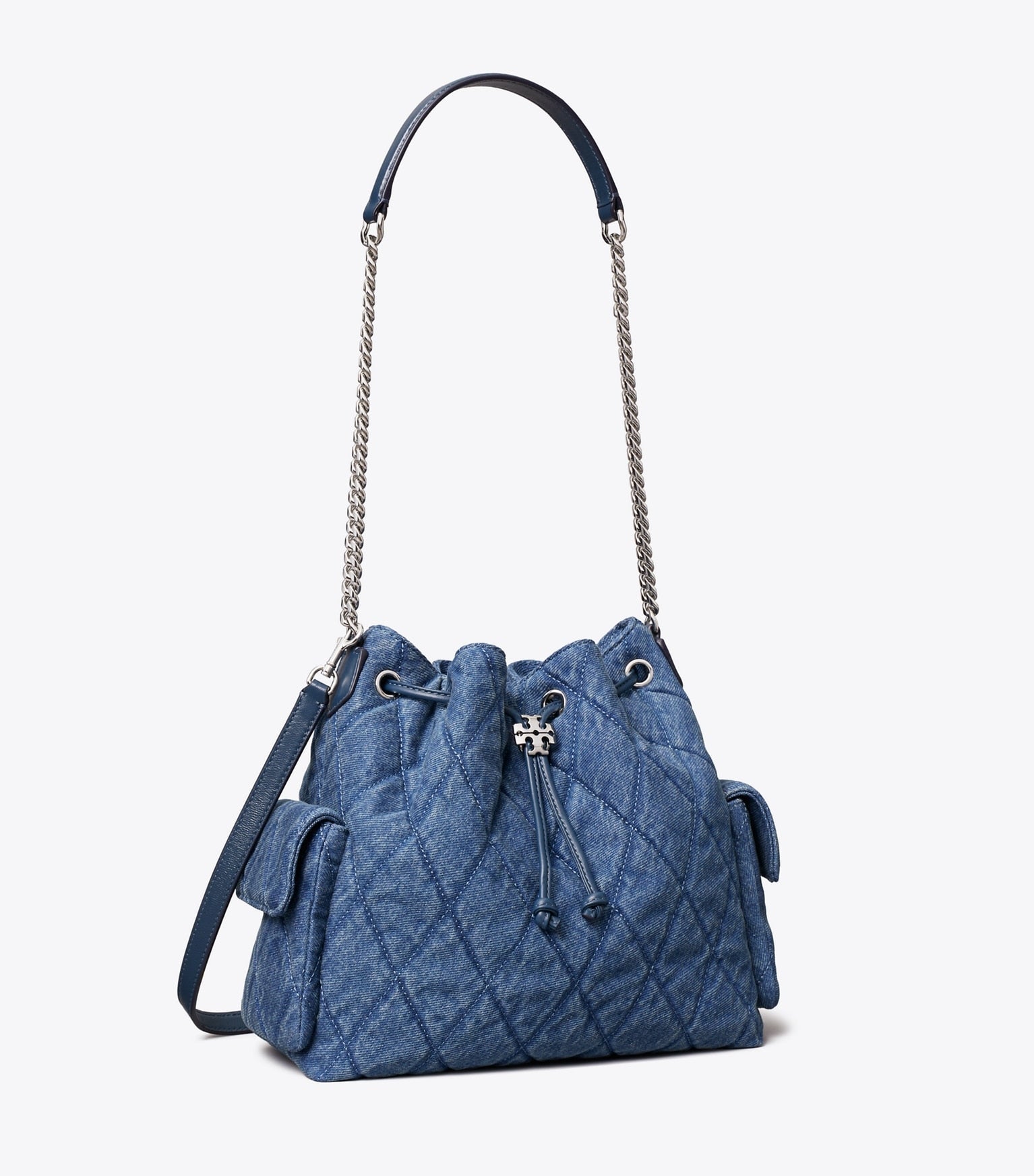 Tory Burch CHARLIE QUILTED DENIM DRAWSTRING SHOULDER BAG