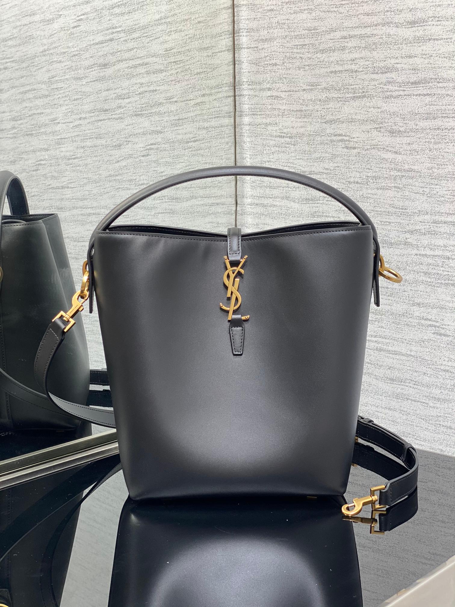 YSL Le 37 Black Shiny Leather Handle Shoulder Bag with YSL Charm and Adjustable Strap (20 x 25 x 16) cm